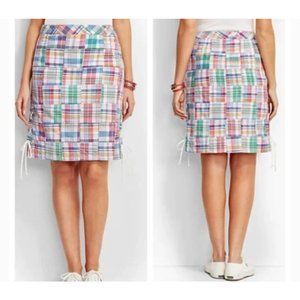 Talbots womens Madras Plaid Patchwork Skirt Size 16  Pastel Colors Laceup Sides
